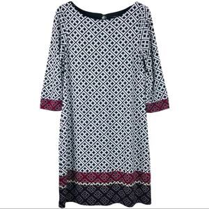 WHBM white black purple geometric midi stretchy sheath 3/4 sleeve dress medium